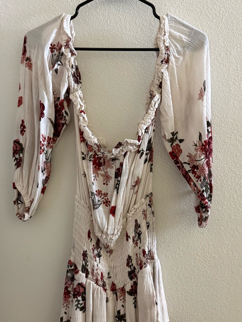 White Floral Boho Romper with Red & Green Blooms